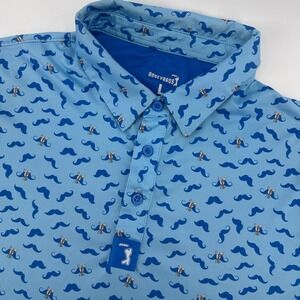 Bogey Bros Shirt Mens Large Blue Mustache Cocktail Print Golf Polo Short Sleeve